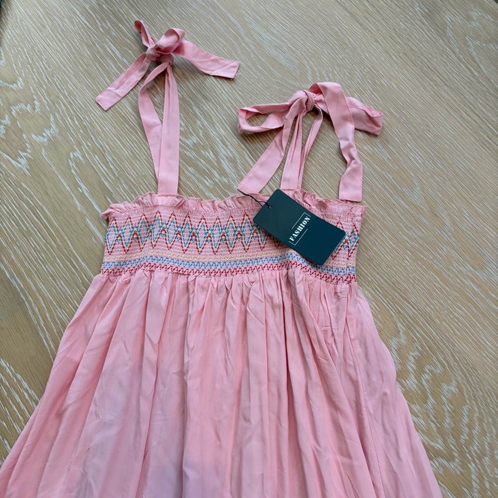 Pink Smocked Dress with Bow Straps perfect for Maternity